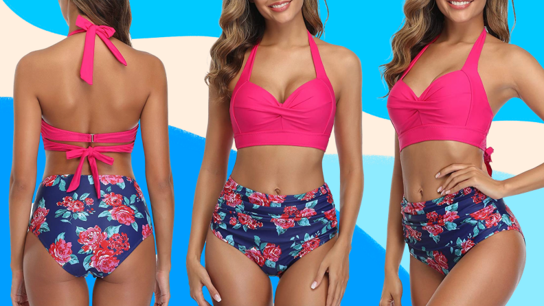 Model displaying front and back of pink and floral two-piece bikini.