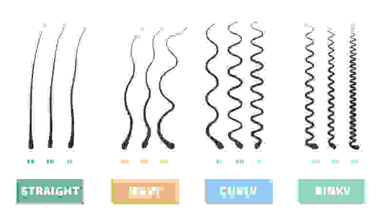 The four types of curly hair: straight, wavy, curly, and kinky.