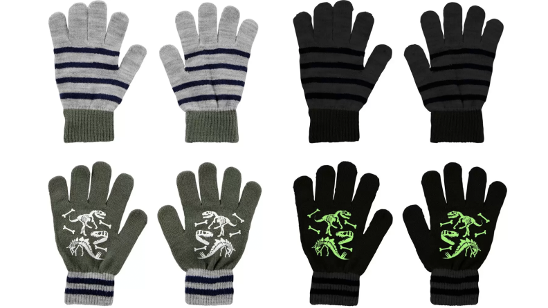 Two pairs of kids gloves, shown in daylight and glowing in the dark
