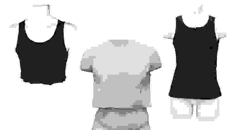 White mannequins wearing black and white binders of varying styles and lengths on a white background.