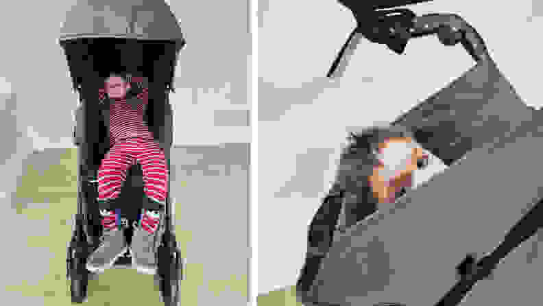 On the left: A boy laying down in a Special Tomato EIO Push Chair, on the right: the boy peeks his head out of the Special Tomato EIO Push Chair.