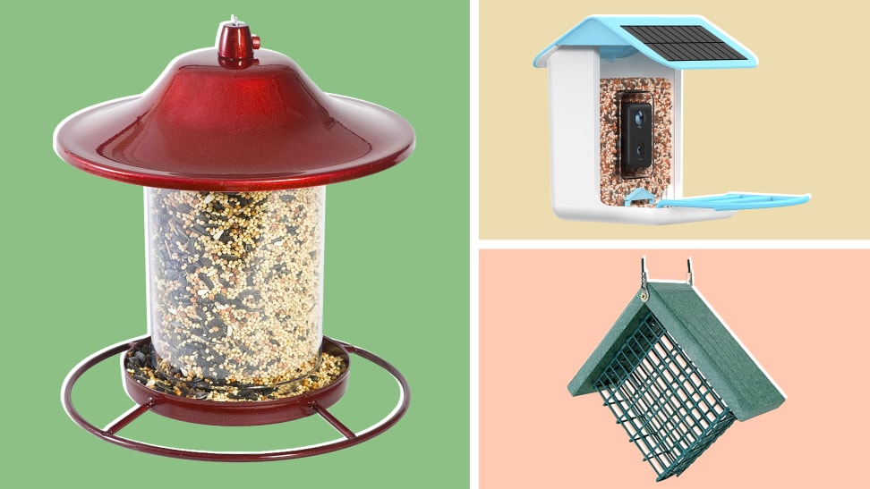 Assorted product shots of small, colorful bird house with bird feed inside.
