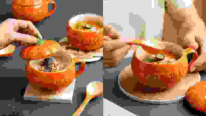 Small pumpkin-shaped soup bowls.