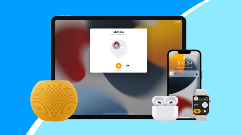 Yellow Apple HomePod Mini, Apple watch, Macbook, and Apple iPhone.