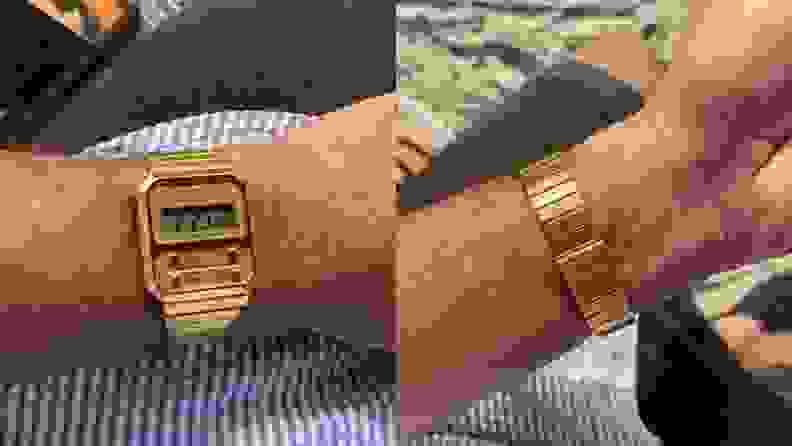 Casio-A100WEG-9AVT on wrist, and back of wrist, showing off band.