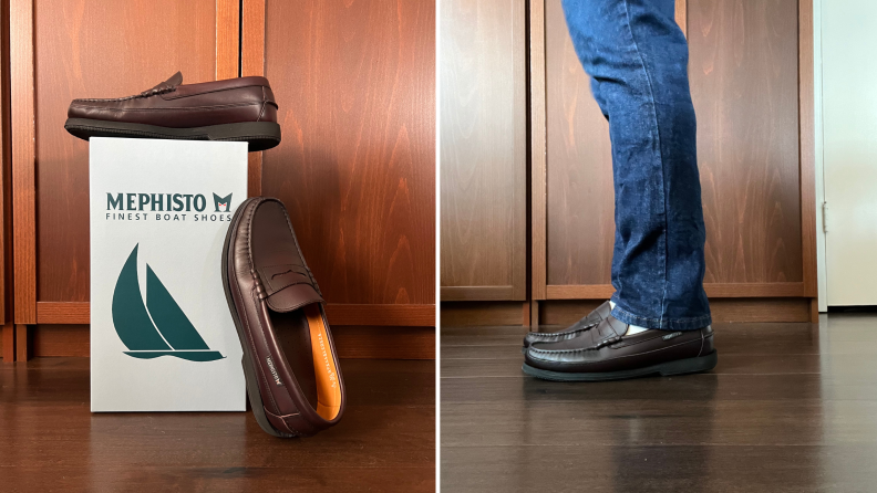 A pair of brown penny loafers positioned on a Mephisto shoe box, and also a photo of a man’s legs wearing the same shoes.