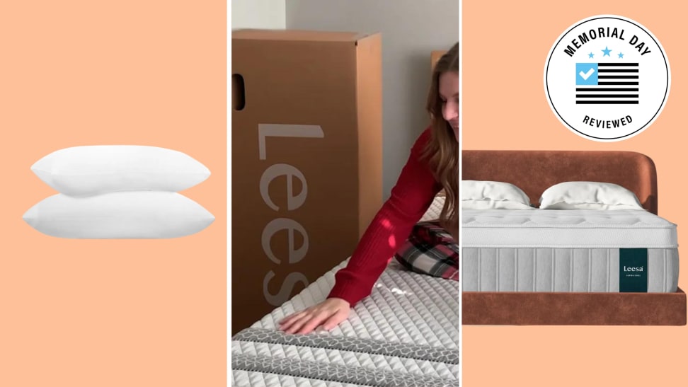 Various Leesa products with the Memorial Day Reviewed badge in front of different backgrounds.