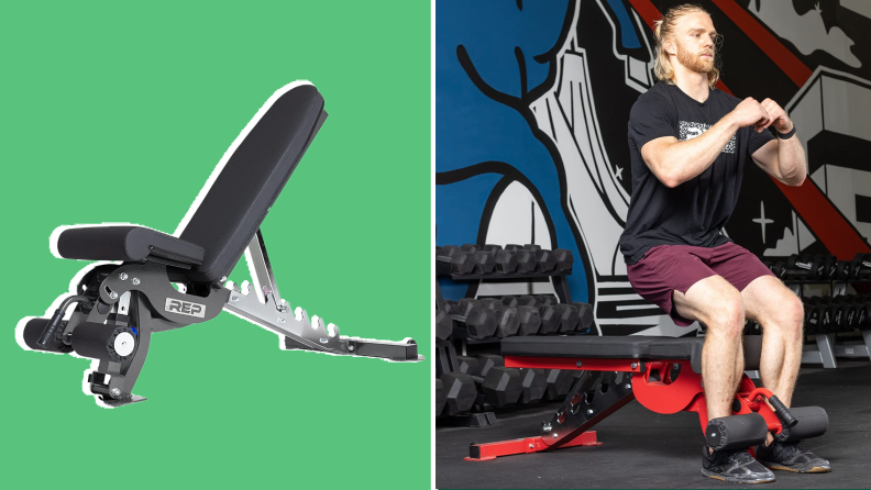 On left, black adjustable fitness bench from Rep Fitness. On left person using workout bench to complete workout in gym.