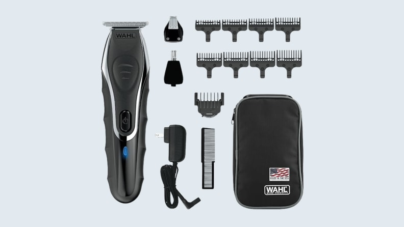 beard trimmer and kit on light blue background