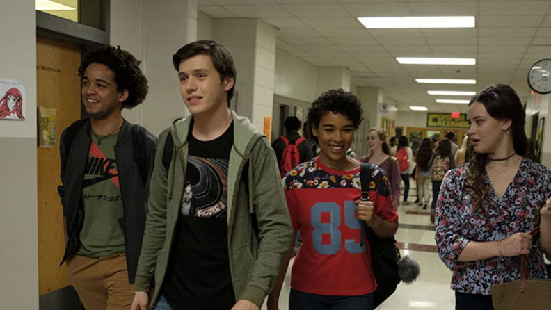 A still from _Love, Simon_ featuring Simon with all of his friends.