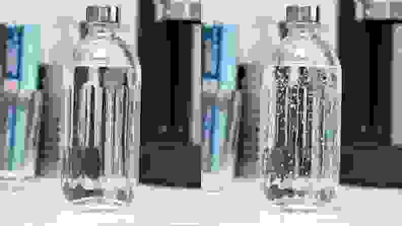 Two images of a bottle of flat water and carbonated water.