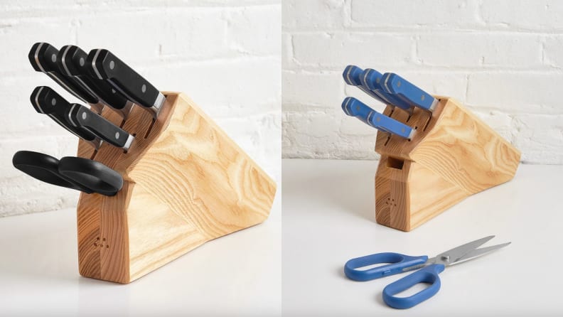 Two images of the Misen block knife set side-by-side