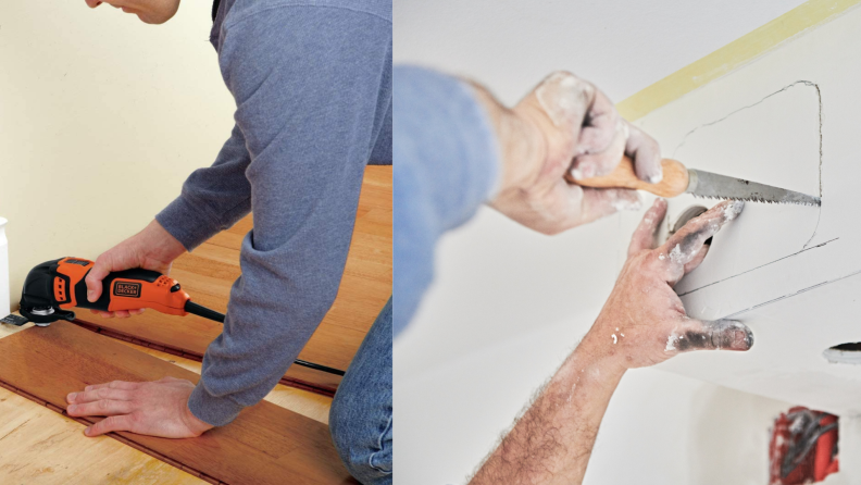 On right, man on floor using the BLACK+DECKER oscillating multi-tool to work of floor panels. On right, construction worker's paint-covered hand marking and cutting plaster with hand saw.
