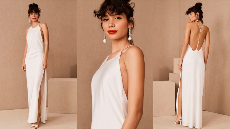 Three images of a bride in a white wedding gown.