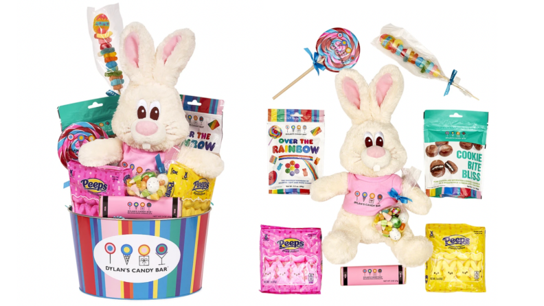 An Easter basket with a stuffed white rabbit and candies.