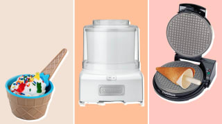 Left to right: ice cream-themed cup and spoon filled with vanilla ice cream and toppings, Cuisinart ice cream maker, and waffle cone maker all on a colorful background