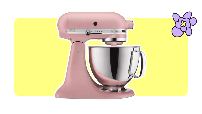 A five quart pink KitchenAid Stand Mixer.
