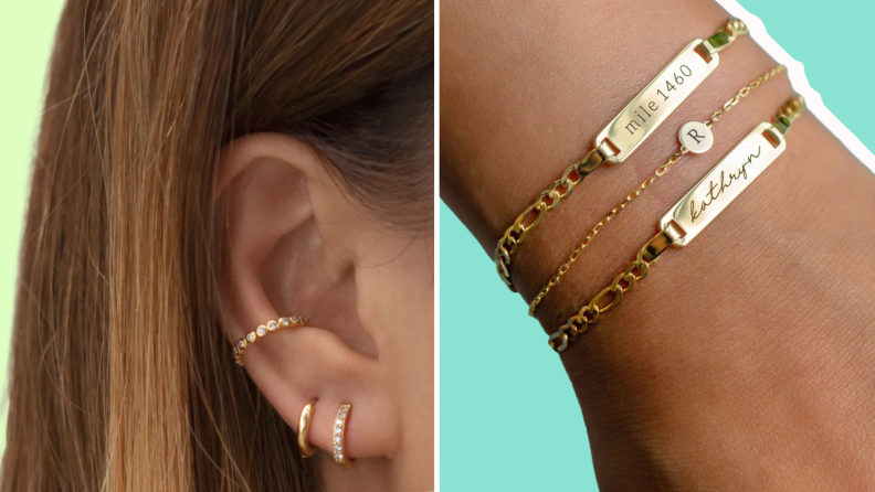 Collage of two women wearing earrings and bracelets from Amyo