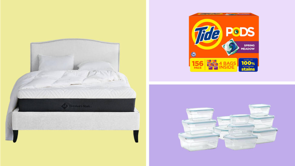 An image of a mattress, a box of Tide Pods, and a set of glass storage containers.