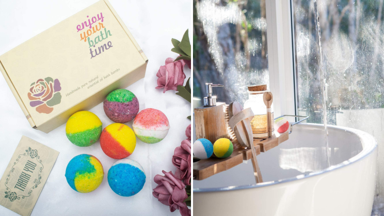 Colorful bath bombs sprawled next to packaging.