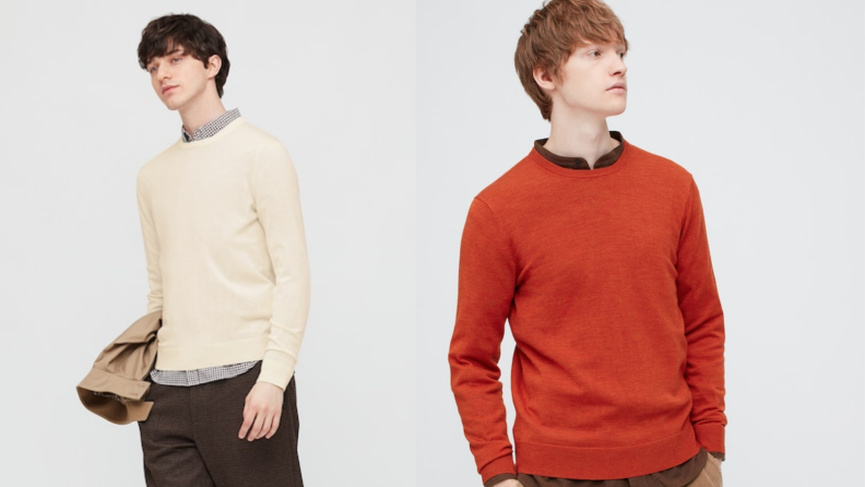 Two images of models wearing the same crew neck, one wearing cream and the other wearing the same sweater in orange.