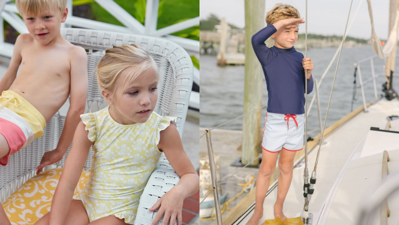 Girl sitting in a chair wearing yellow ruffle sleeve one piece and boy holding a fishing pole wearing swim trunks and a rash guard.