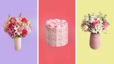 Three flower arrangements are displayed side by side against colorful backdrops: a pink and red bouquet in a white vase, a round floral gift box with pink roses, and a pastel bouquet in a pink vase.