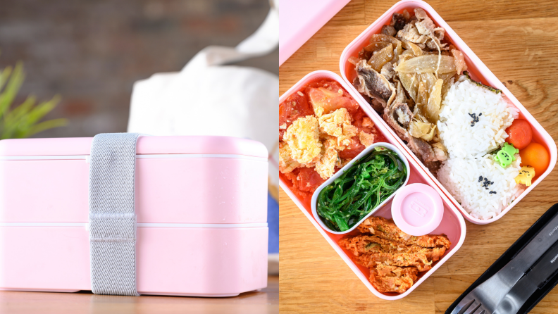 On the left, a pink Monbento bento box is packed up by a elastic band. On the right, two compartments of the bento box is on display, filled with rice, seaweed, beef, and more.