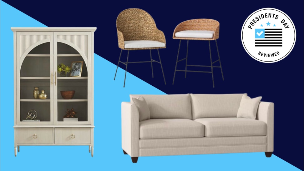 A colorful collage with furniture and a Presidents Day badge in the corner.