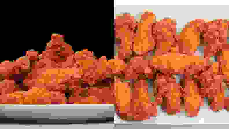 Two photos of fried chicken on a plate