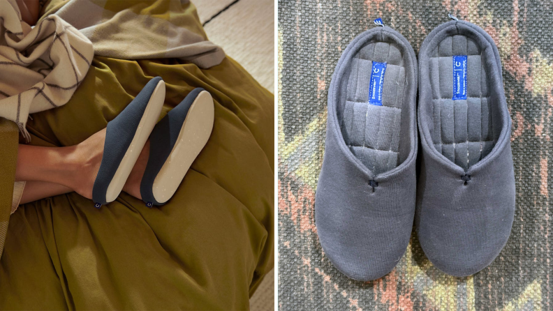 The Casper Snoozewear House Slipper shown on legs in bed, and an image of the slippers on a rug.