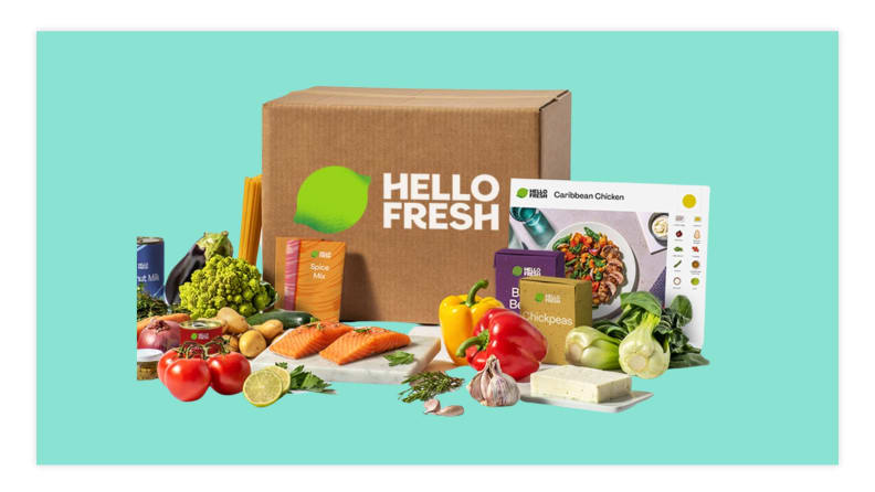 hello fresh box with all ingredients in front