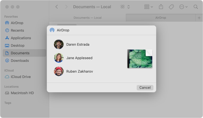 A screenshot of Apple's AirDrop menu on macOS, showing three available contacts to send a file to. The file on screen is a PDF of "An introduction to plants."