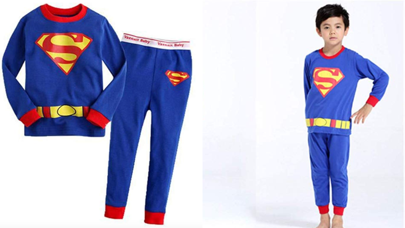 On the left: a pair of Superman pajamas. On the right: a young boy wearing Superman pajamas.