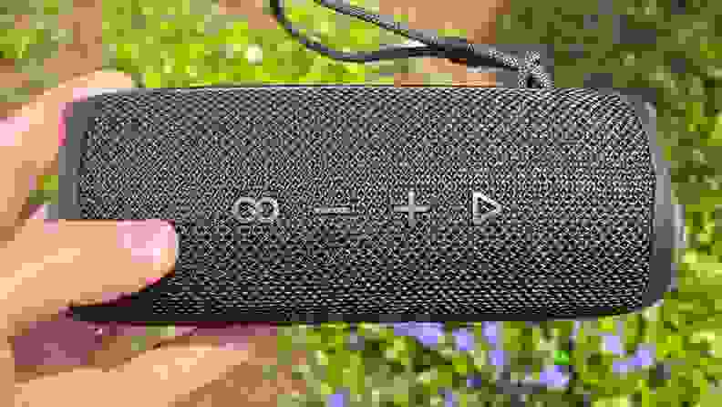 A black, cylindrical Bluetooth speaker is held above some flowers with its buttons facing outward.