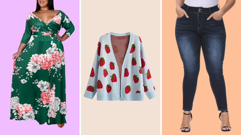 Collage of three plus size options: a printed green dress, a sweater knit with a strawberry pattern, and blue jeans.