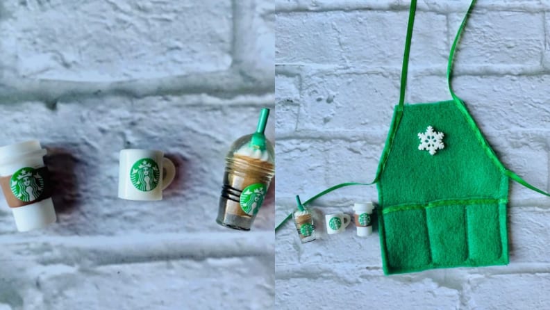 A tiny Starbucks apron and coffee assortment.