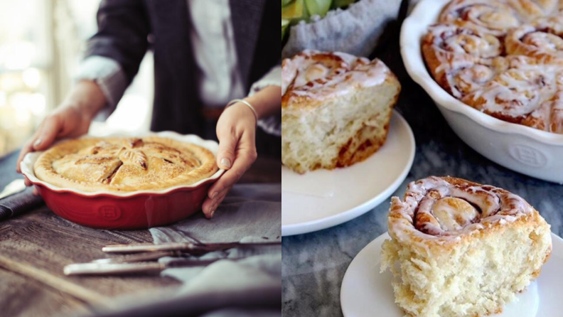 An apple pie and cinnamon rolls made with Emile Henry pie dish.