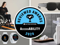 Photo collage with a person in a wheelchair, three Garmin Venu 3 smart watches, a pair of Esight Go eyewear, and the Proclaim Health Custom-Jet Oral Health System.