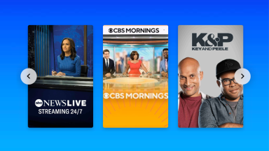 An image of a landing page on SlingTV's Freestream, featuring thumbnails for ABC News Live, CBS Mornings, and Key & Peele.