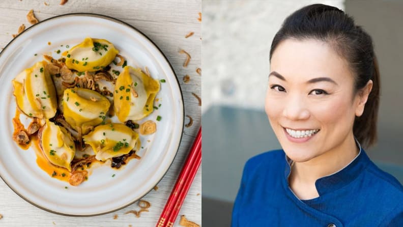 Left: An overhead photo of a plate of Chicken Jiaozi Dumplings. Right: A headshot of chef and restaurant owner Shirley Chung.