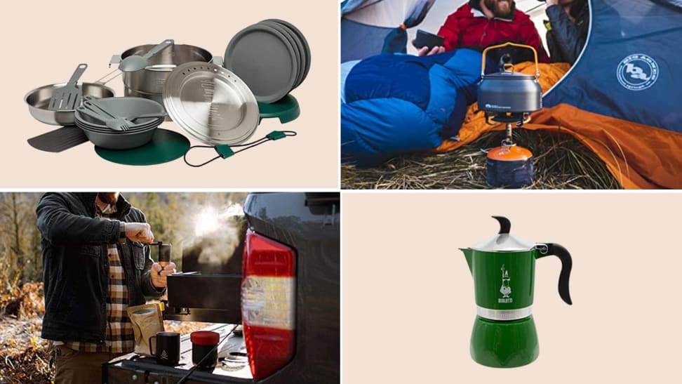 On an outdoor cookware set in the upper left corner, a portable stove at a campsite in the upper right corner with a kettle on top; A person grinding and preparing coffee on a tailgate outdoors in the lower left; A green Bialetti moka pot in the lower right.
