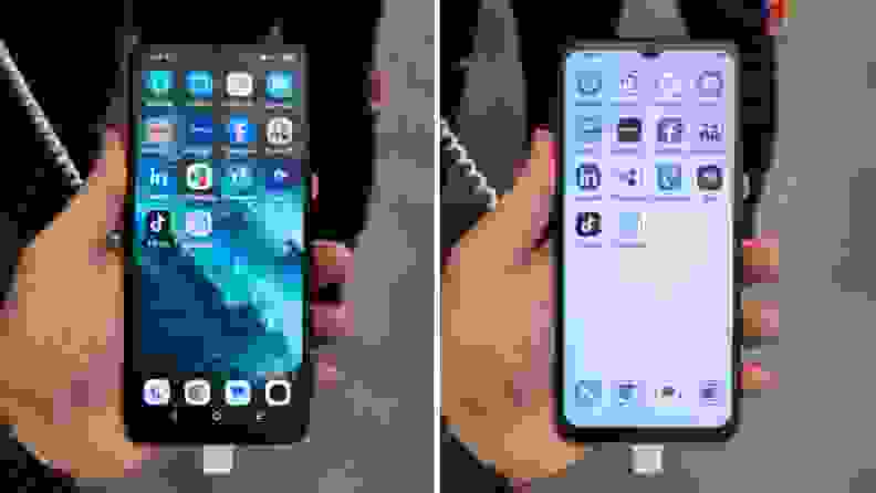 Size by side of the TLC Smartphone displaying full color and in the educed blue spectrum light mode.