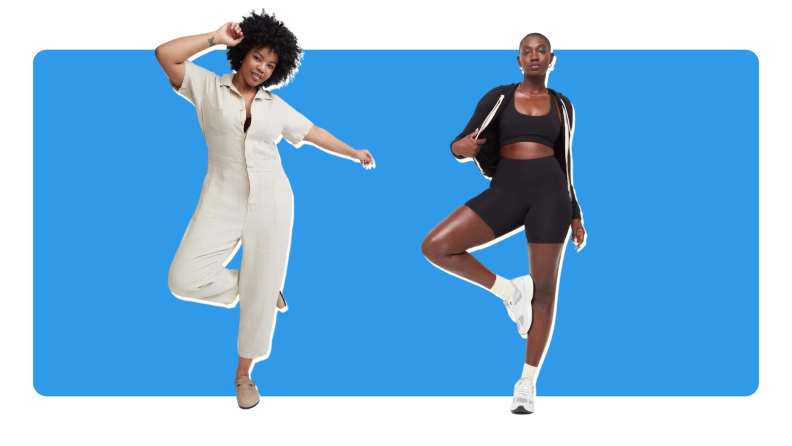 A model wears a cream jumpsuit, and another model wears a matching black workout set.