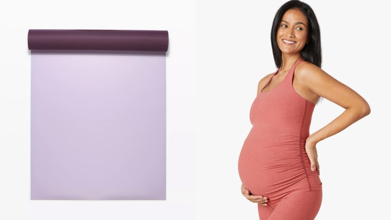 lululemon yoga mat and pregnant woman wearing beyond yoga clothes