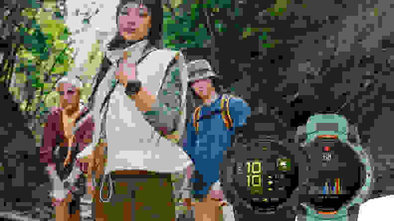 A group of hikers in a lush forest wearing Garmin smartwatches, with close-up overlays showcasing the watches' rugged designs and detailed health and activity tracking screens.