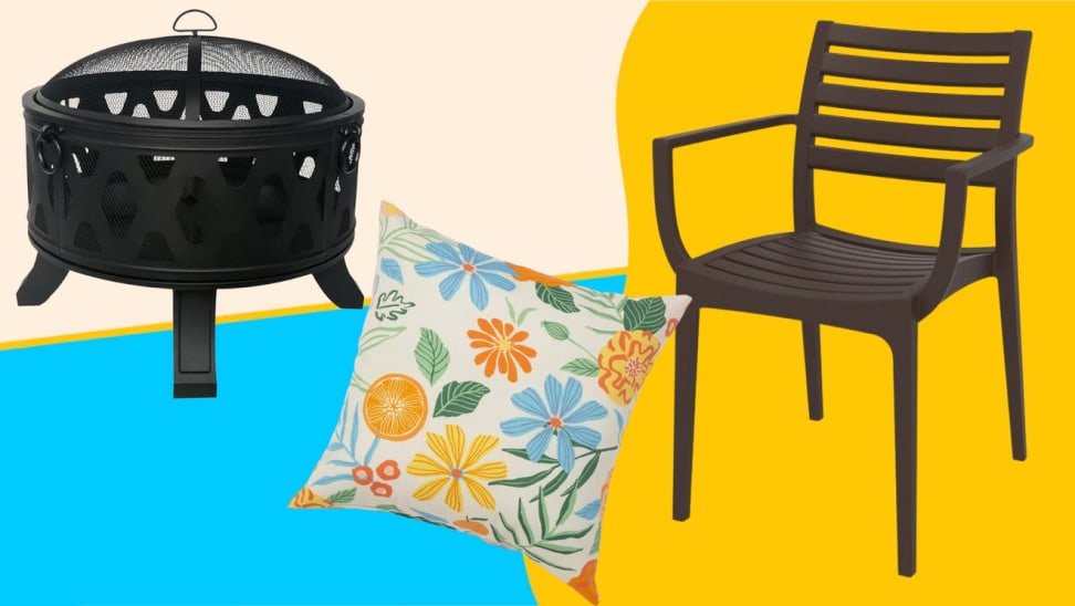 A fire pit, pillow, and chair on sale for Prime Day 2021.