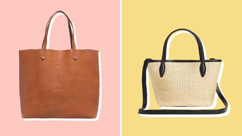 Two Madewell purses against pink and yellow backgrounds