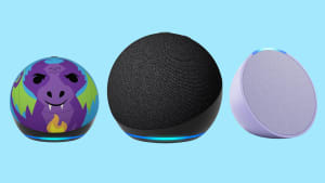 Amazon Alexa smart speakers including the kids Dot, the Echo and the Echo Pop sit on a blue background