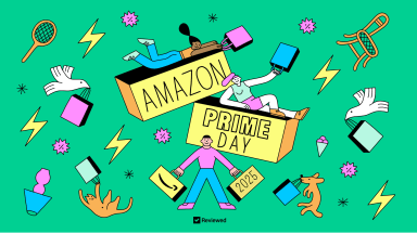 An illustration of a man holding shopping bags in front of boxes that say Amazon Prime Day